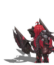 1girl absurdres antenna_hair arm_armor armor armored_bodysuit armored_boots ass black_armor boots cat_shadow_puppet_(meme) commentary crossed_arms english_commentary extra_arms goddess_of_victory:_nikke highres kkoyomii leg_armor long_hair mechanical_arms mechanical_tail nihilister_(nikke) red_hair shadow_puppet simple_background solo squatting tail white_background