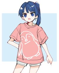 1girl :o alt_text alternate_costume alternate_hairstyle blue_background blue_eyes blue_hair border commentary_request cowboy_shot highres kanduki_kamibukuro link!_like!_love_live! lone_nape_hair long_hair love_live! murano_sayaka open_mouth outside_border penguin_print pink_shirt ponytail shirt short_shorts short_sleeves shorts simple_background solo t-shirt virtual_youtuber white_border white_shorts