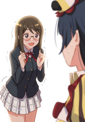 2girls black_hair black_jacket blazer blouse blush brown_hair buttons checkered_clothes checkered_skirt clenched_hands commentary_request crying crying_with_eyes_open dot_nose dress frills glasses grey_skirt hands_up happy_tears hat heart heart_in_eye jacket long_hair long_sleeves love_live! love_live!_nijigasaki_high_school_idol_club multiple_girls neck_ribbon nijigasaki_school_uniform nijigasaki_student_council_vice_president open_mouth out_of_frame red_ribbon ribbon round_eyewear school_uniform shamakho shirt skirt smile sweat symbol_in_eye tears thighs trembling white_background white_shirt wing_collar yellow_dress yuki_setsuna