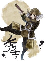 armor brown_hair facial_hair highres japanese_clothes mustache sengoku_musou sideburns staff tongue tongue_out toyotomi_hideyoshi