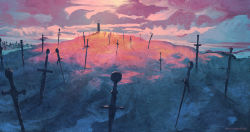 anato_finnstark artist_name berserk cloud cloudy_sky commentary dragonslayer_(sword) dusk english_commentary evening field_of_blades greatsword highres hill no_humans orange_sky outdoors planted planted_sword planted_weapon scenery sky sword weapon weapon_focus