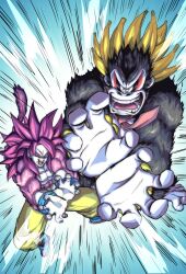2boys alternate_form big_hair black_fur blue_background blue_boots boots commentary crossover donkey_kong donkey_kong_(series) donkey_kong_bananza dragon_ball dragon_ball_daima emphasis_lines english_commentary gorilla highres kamehameha_(dragon_ball) kartunicban kong_bananza monkey_boy monkey_tail multiple_boys necktie nintendo open_mouth orange_pants outstretched_arms pants red_fur red_hair red_necktie spiked_hair super_saiyan super_saiyan_4 tail teeth yellow_eyes