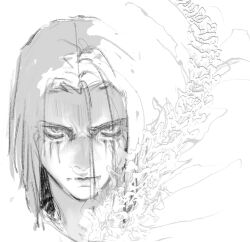Rule 34 | 1boy, angry, closed mouth, eren yeager, facial mark, head only, highres, long hair, looking at viewer, male focus, n9c4z, shingeki no kyojin, simple background, sketch, solo, white background