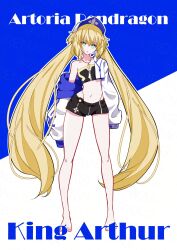 1girl artoria_caster_(fate) artoria_pendragon_(fate) bare_legs barefoot baseball_cap black_shorts black_tube_top blonde_hair breasts character_name collarbone commentary cropped_jacket fate/grand_order fate_(series) full_body green_eyes hat highres jacket jewelry long_hair looking_at_viewer midriff miyaka_(58305841) navel necklace open_clothes open_jacket parted_lips short_shorts shorts single_off_shoulder small_breasts solo standing strapless tube_top twintails two-tone_background very_long_hair white_jacket zipper zipper_pull_tab