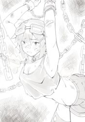 Rule 34 | 1girl, antenna hair, armpits, arms up, bandaid, bandaid on arm, bandaid on cheek, bandaid on face, bandaid on nose, blush, bound, bound wrists, breasts, chain, cleavage, clenched teeth, commentary, cowboy shot, crop top, crosshatching, fukana miyu (kokuya28), gloves, goggles, goggles on head, greyscale, hair ornament, hatching (texture), highres, kokuya (kokuya28), leaning forward, looking at viewer, medium breasts, midriff, monochrome, original, shorts, solo, sweat, symbol-only commentary, tank top, teeth, x hair ornament