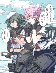 2girls black_gloves black_sailor_collar black_skirt blue_sky closed_eyes cloud commentary_request cutlass day eyepatch gloves green_hair hat highres kantai_collection kiso_(kancolle) kiso_kai_ni_(kancolle) machinery medium_hair multiple_girls narukan navel neckerchief outdoors pleated_skirt red_neckerchief sailor_collar sailor_hat sailor_shirt school_uniform serafuku shirt short_sleeves skirt sky tama_(kancolle) tama_kai_ni_(kancolle) torpedo_launcher white_sailor_collar white_shirt white_skirt yellow_eyes