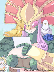 1other 2girls bird blue_flower blue_rose breasts ceresmon_medium cleavage digimon digimon_(creature) dove flower freyja_(digimon) large_breasts long_hair mother&#039;s_day multiple_girls olive_(digimon) purple_hair rose solo_focus upper_body venusmon yukinoko257