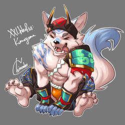 1boy abs animal_ears armor artist_name bara barefoot bulge character_name chibi chibi_only chirenbo claws closed_eyes commentary copyright_name english_commentary fake_horns fangs furry furry_male grey_background horned_headwear horns kumoyama_(xxl) male_focus muscular muscular_male open_mouth orange_fundoshi pauldrons pawpads pectorals shoulder_armor single_pauldron sitting tail tongue tongue_out topless_male wolf_boy wolf_ears wolf_tail xxl_woofia