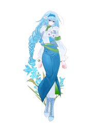 1girl absurdres ankle_boots arms_at_sides blue_boots blue_eyes blue_flower blue_hair blue_hairband blue_jacket blue_rose blue_skirt boots braid chinese_commentary closed_mouth commentary_request contrapposto daisy_(flower) double-parted_bangs floral_background flower frilled_sleeves frills full_body fur-trimmed_jacket fur_trim genderswap genderswap_(mtf) green_undershirt hair_between_eyes hair_flower hair_intakes hair_ornament hair_over_shoulder hairband highres hood hood_down hooded_jacket jacket lace-up_boots legs_together long_braid long_hair long_skirt long_sleeves looking_at_viewer pantyhose pencil_skirt personification plants_vs._zombies puffy_long_sleeves puffy_sleeves rose shirt side_slit siiiiiiiiiii simple_background single_braid skirt solo standing turning_head two-sided_fabric two-sided_skirt two-sided_sleeves very_long_hair white_background white_flower white_pantyhose white_shirt winter_melon_(plants_vs_zombies)