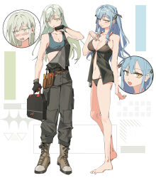 2girls :d absurdres alternate_costume arm_at_side artist_request babydoll bang_dream! bang_dream!_it&#039;s_mygo!!!!! bare_arms bare_legs bare_shoulders barefoot belt black_babydoll black_belt black_gloves black_panties black_pants black_ribbon blue_hair blue_sports_bra blush boots box breasts brown_boots cleavage closed_mouth collarbone colored_eyelashes commission embarrassed frown full_body gloves green_hair grey_overalls groin hair_ornament hair_ribbon hand_on_own_chest hand_on_own_chin hand_up highres holding holding_box large_breasts long_hair looking_at_viewer looking_to_the_side lowleg lowleg_panties medium_breasts multiple_expressions multiple_girls navel nose_blush open_mouth overalls panties pants pliers pouch ribbon screwdriver second-party_source seductive_smile smile spaghetti_strap sports_bra standing stomach suspenders suspenders_slip sweat sweatdrop thigh_pouch togawa_sakiko toolbox two_side_up underwear wakaba_mutsumi white_background wiping_face wiping_sweat yellow_eyes