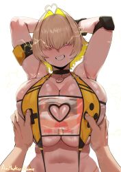 Rule 34 | 1girl, absurdres, aestheticc-meme, armpits, arms behind head, bikini, blonde hair, breasts, choker, cleavage, cleavage cutout, clothing cutout, electricity, elegg (boom and shock) (nikke), elegg (nikke), fang, goddess of victory: nikke, groping, hair intakes, hair over eyes, heart, highres, huge breasts, medium hair, purple eyes, slingshot swimsuit, solo focus, swimsuit, yellow bikini, yellow slingshot swimsuit