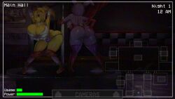 1girl animal_ears animatronic arms_behind_head arms_up ass blonde_hair bonnie_(fnaf) boots breasts butt_crack camera chica cleavage clock colored_skin completely_nude curtains elbow_gloves english_text five_nights_at_freddy&#039;s five_nights_in_anime:_after_hours_(fangame) five_nights_in_anime_(fangame) freddy_fazbear from_behind furry furry_female gameplay_mechanics gloves hand_on_own_ass high_heels highres huge_breasts large_breasts leotard lying midriff non-web_source nude on_stomach open_mouth orange_pants orange_shoes pants pink_eyes pink_thong playboy_bunny pole ponytail poster_(object) purple_hair rabbit_ears rabbit_tail red_boots red_gloves red_leotard shiny_skin shoes short_hair sneakers socks solo speaker stage static strapless strapless_leotard stripper_pole tail thighhighs undressing video_game white_gloves white_socks