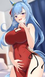 1girl absurdres bare_legs bare_shoulders blue_hair breasts china_dress chinese_clothes cleavage covered_navel curvy dress hair_ornament highres indoors large_breasts light_blush long_hair looking_at_viewer mejiro_ardan_(umamusume) mesotto open_mouth purple_eyes red_dress solo standing umamusume