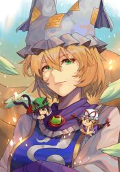 3girls :3 animal_ears blonde_hair blue_tabard brown_eyes brown_hair cat_ears cat_girl cat_tail chen closed_mouth crossed_arms dress expressionless fox_girl fox_tail gap_(touhou) green_eyes hair_between_eyes hat head_rest highres long_hair long_sleeves looking_at_viewer medium_hair mini_person mini_person_on_shoulder mob_cap multiple_girls multiple_tails onionmay purple_dress purple_eyes red_skirt red_vest shirt short_sleeves skirt smile tabard tail touhou upper_body vest white_dress white_shirt yakumo_ran yakumo_yukari