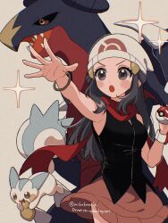 1girl :o artist_name beanie berry_(pokemon) black_sclera bracelet breasts colored_sclera dawn_(pokemon) determined garchomp gen_4_pokemon grey_background hat highres holding holding_poke_ball jewelry mikakami1e nintendo open_mouth outstretched_arm pachirisu pink_skirt poke_ball poke_ball_(basic) poke_ball_print pokemon pokemon_dppt print_hat sharp_teeth simple_background sitrus_berry skirt sparkle standing teeth twitter_username v-shaped_eyebrows white_hat yellow_eyes