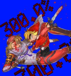 2boys alternate_color androgynous arm_wrap armor blonde_hair blood blood_on_face blue_background bodysuit boots clenched_teeth dancho_no_mori fighting genderswap genderswap_(ftm) hat holding holding_sword holding_weapon link mask master_sword multiple_boys needle nintendo one_eye_closed red_eyes sheik shoulder_armor super_smash_bros. sword teeth the_legend_of_zelda the_legend_of_zelda:_ocarina_of_time the_legend_of_zelda:_the_wind_waker toon_link tunic turban weapon