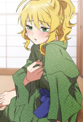 1girl barefoot blonde_hair blush green_eyes green_kimono hair_between_eyes hand_up highres hoshii_miki idolmaster idolmaster_(classic) indoors japanese_clothes katsu_(kana) kimono long_sleeves looking_down parted_lips ponytail sitting solo