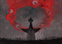 eldritch_abomination expo2025 extra_eyes grey_sky kohata_(kohatazuke) myaku-myaku no_humans outdoors sky tower_of_the_sun