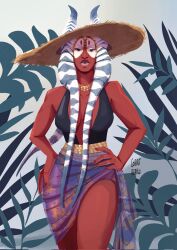 1girl alien alternate_costume black_one-piece_swimsuit cobalt_beam colored_skin hat highres lekku_(anatomy) looking_at_viewer one-piece_swimsuit purple_sarong red_skin sarong see-through_clothes see-through_sarong shaak_ti star_wars straw_hat swimsuit togruta
