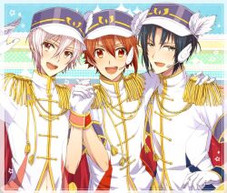 3boys aiguillette asymmetrical_hair black_hair blue_hat blue_wrist_cuffs brown_eyes clothing_cutout collared_shirt colorful_background epaulettes gloves grey_eyes hair_between_eyes hair_ornament hand_on_another&#039;s_shoulder hand_up happy hat hat_feather headset high_collar highres holding_hands idol idolish7 interlocked_fingers izumi_iori kujou_tenn light_blush light_particles male_focus multiple_boys nanase_riku nau_(rg_sn79) navel open_mouth parted_bangs pointy_nose red_eyes red_hair red_wrist_cuffs shako_cap shirt short_hair short_sleeves smile sparkle stomach_cutout teeth upper_body upper_teeth_only white_gloves white_hair white_shirt wing_hair_ornament wrist_cuffs