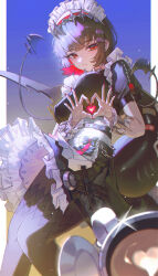1girl :/ absurdres apron black_dress black_hair black_pantyhose blush breasts closed_mouth colored_inner_hair domi_(hongsung0819) dress ellen_joe fins fish_tail from_below heart heart_hands highres large_breasts looking_at_viewer maid maid_apron maid_headdress multicolored_hair pantyhose purple_background red_eyes red_hair red_nails shark_girl shark_tail short_hair solo sweatdrop tail white_apron zenless_zone_zero