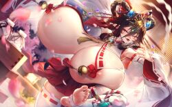 1girl areola_slip armpits bell black_hair breasts detached_sleeves feet gigantic_breasts hair_ornament haitai_umita highres huge_breasts japanese_clothes long_hair looking_at_viewer miko nontraditional_miko open_mouth original petals skindentation skirt soles solo thighhighs toeless_legwear toes tongue white_thighhighs wide_sleeves