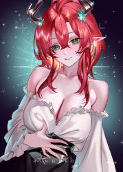 1girl absurdres alternate_hair_length alternate_hairstyle artist_name bare_shoulders blush breasts ciaccona_(wuthering_waves) cleavage collarbone commentary english_commentary fingernails green_eyes hair_between_eyes hand_on_own_stomach highres large_breasts long_hair looking_at_viewer mole mole_under_eye off-shoulder_shirt off_shoulder parted_lips pointy_ears red_hair ringeko-chan shirt smile solo tree_horns upper_body white_shirt wuthering_waves