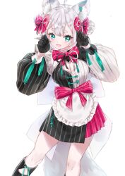 1girl absurdres ahoge animal_ears asymmetrical_clothes black_gloves black_ribbon boots bow breasts cleavage cleavage_cutout clothing_cutout cropped_legs double-parted_bangs double_bun dress ear_ornament fangs fox_ears fox_tail gloves green_eyes hair_bow hair_bun hair_ribbon highres kishida_mel looking_at_viewer medium_breasts medium_hair multicolored_dress original red_bow ribbon sidelocks standing tail virtual_youtuber white_background white_bow white_hair white_ribbon