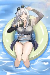 1girl absurdres ak-12_(girls&#039;_frontline) bikini breasts choebal1356201 closed_eyes commentary drinking drinking_straw from_side girls&#039;_frontline grey_shirt highres large_breasts long_hair navel open_clothes open_shirt ponytail removing_eyewear shirt smile solo sunglasses swim_ring swimsuit water white_hair