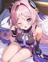 1girl absurdres bare_shoulders blue_eyes blush braid breasts citlali_(genshin_impact) genshin_impact highres leotard long_hair looking_at_viewer mokyukyu_2339 open_mouth pink_hair solo very_long_hair