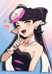 &gt;:) 1girl :d bare_shoulders black_dress black_hair bow-shaped_hair breasts callie_(splatoon) callie_(squid_sisters_outfit)_(splatoon) chromatic_aberration cleavage collar collarbone colored_inner_hair commentary_request coula_cat cropped_torso cross-shaped_pupils detached_collar dress drop_shadow earrings eyebrows_hidden_by_hair fangs food-themed_hair_ornament gloves grin hair_ornament hand_on_own_chest heart highres humanization jewelry long_hair looking_at_viewer medium_breasts mole mole_under_eye multicolored_hair nintendo open_mouth pointy_ears smile solo splatoon_(series) splatoon_1 strapless strapless_dress swept_bangs symbol-shaped_pupils thick_eyelashes twitter_username two-tone_hair v-shaped_eyebrows very_long_hair white_collar white_gloves white_hair yellow_eyes