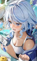 1girl ^^^ ahoge alternate_costume black_shorts blue_bow blue_eyes blue_hair blue_nails blue_streaks bow breasts cleavage collarbone commentary_request dolphin_shorts fingernails fork furina_(genshin_impact) furrowed_brow genshin_impact hair_bow hair_intakes heterochromia highres holding holding_phone indoors jacket kabu_usagi long_hair long_sleeves medium_breasts nail_polish open_clothes open_jacket phone shorts signature tearing_up translation_request wavy_hair