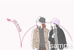 2girls animal black_hair black_jacket brown_hair bug earrings english_text faceless faceless_female grasshopper grey_hat grey_jacket grey_sweater hat highres insect jacket jewelry jumping multiple_girls mutumipketto necklace open_mouth original purple_hat sample_watermark simple_background sweater turtleneck turtleneck_sweater watermark white_background