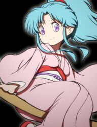 1girl beeru_(veil8801) blue_hair botan_(yu_yu_hakusho) closed_mouth feet_out_of_frame highres japanese_clothes kimono long_hair long_sleeves looking_at_viewer oar pink_kimono ponytail purple_eyes simple_background smile solo wide_sleeves yuu_yuu_hakusho