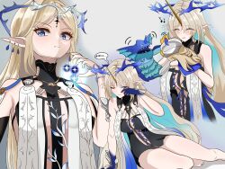 1girl absurdres bare_shoulders barefoot black_collar black_dress blonde_hair blue_eyes blue_hair breasts bunchosan_dayo cartethyia_(wuthering_waves) closed_eyes closed_mouth collar colored_inner_hair commentary_request crown_of_thorns dress earrings fleurdelys_(wuthering_waves) floating_earrings highres horns jewelry large_breasts long_horns multicolored_hair multiple_views necklace one_eye_closed parted_lips pointy_ears sidelocks single_horn small_breasts smile sock_puppet tabard tacet_mark_(wuthering_waves) thighs toes transformation white_tabard wuthering_waves yellow_horns