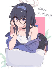 1girl absurdres alternate_costume bent_over bilibalakonglijiwa black_choker black_hair black_skirt blue_archive blue_eyes choker closed_mouth commentary glasses grey_halo hairband halo hand_on_own_chin happy_birthday highres jacket long_hair looking_ahead purple_jacket round_eyewear shirt skirt solo ui_(blue_archive) white_shirt