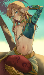 Rule 34 | 1boy, absurdres, aqua eyes, arm up, blush, brown hair, chest protector, collarbone, earrings, elf, embarrassed, head tilt, highres, hoop earrings, jewelry, link, long hair, looking at viewer, male focus, messy hair, navel, nintendo, nipples, palm tree, pointy ears, sand, single sleeve, sitting, skirt, sky, solo, sweat, sweatdrop, tamatamako01, the legend of zelda, the legend of zelda: breath of the wild, trap, tree