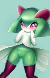 1girl blush cleft_of_venus colored_skin gen_3_pokemon green_background green_hair green_skin horns kirlia loli multicolored_skin navel nintendo nipples pink_eyes pink_thighhighs pokemon pokemon_(creature) pussy sidelocks simple_background tawni_tailwind thighhighs two-tone_skin white_skin