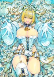 Rule 34 | 1girl, ahoge, bare shoulders, belt, blonde hair, blush, breasts, chain, chikinan tarou, cleavage, detached collar, detached sleeves, elbow gloves, fate/grand order, fate (series), flower, flower wreath, gloves, green eyes, hair between eyes, hair intakes, head wreath, highleg, highleg leotard, highres, large breasts, leotard, lock, long hair, looking at viewer, nero claudius (bride) (fate), nero claudius (bride) (second ascension) (fate), nero claudius (fate), open mouth, outstretched arms, padlock, painting (medium), pillow, puffy sleeves, smile, solo, thighhighs, thighs, traditional media, veil, watercolor (medium), white gloves, white leotard, white thighhighs, wide sleeves, zipper