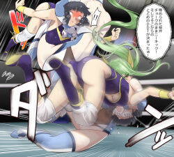 2girls catfight commission green_hair hanabusa_(xztr3448) minami_toshimi multiple_girls pixiv_commission sakurai_chisato translation_request wrestle_angels wrestling wrestling_outfit wrestling_ring