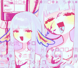 1girl blood blood_bag blood_on_face blunt_bangs commentary dot_nose english_commentary half-closed_eyes highres hime_cut limited_palette long_hair looking_at_viewer multiple_views nonsense_alice_(nonsensemanna) nonsensemanna open_mouth original pill pill_on_tongue portrait red_eyes sidelocks smile straight_hair white_hair wingdings