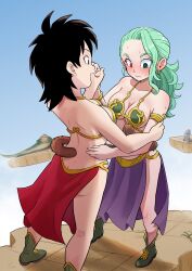 2girls absurdres ass black_eyes black_hair blush breasts butt_crack cleavage cosplay dancing dimples_of_venus dragon_ball droid earrings gine green_eyes green_hair highres holding_hands jabba_the_hutt jewelry long_hair medium_breasts metal_bikini metal_bra muezli_(dragon_ball) multiple_girls princess_leia princess_leia_(cosplay) red_eyes saiyan shoes short_hair shy skirt star_wars sweat tail tail_wrap waltz_(dance) yuichi_ishikawa