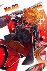1girl :o bag black_coat black_pants blonde_hair bngb_love brown_shoes character_name coat collared_shirt don_quixote_(project_moon) fang full_body highres holding holding_bag holding_polearm holding_weapon limbus_company long_sleeves looking_at_viewer necktie open_mouth pants polearm project_moon red_necktie shirt shoes short_hair simple_background skin_fang solo standing weapon white_background white_shirt yellow_eyes