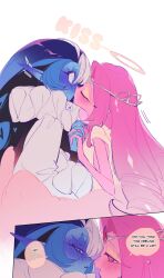 1boy 1girl angel angel_wings blue_eyes blue_skin colored_skin cookie_run cookie_run:_kingdom dress english_text eternal_sugar_cookie highres humanization kiss long_hair long_sleeves looking_at_another neck_ruff oyki0000013 pink_eyes pink_hair pink_skin puffy_sleeves shadow_milk_cookie smile white_hair wings