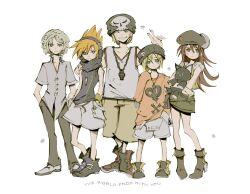 2girls 3boys arm_around_shoulder arm_up bare_shoulders beanie belt belt_pouch bito_daisukenojo bito_raimu black_hat black_pants blonde_hair blue_eyes boots brother_and_sister brown_belt brown_shorts contrapposto copyright_name english_text full_body green_skirt grey_eyes grey_hair grin hand_in_pocket hands_in_pockets hat headphones high_heel_boots high_heels highres holding holding_stuffed_toy hood hood_down hooded_jacket jacket jewelry kiryu_yoshiya kukakooo long_hair misaki_shiki multiple_boys multiple_girls necklace nyantan one_eye_closed open_clothes open_jacket orange_hair pants parted_bangs pouch print_shirt red_hair sakuraba_neku shirt shoes short_sleeves shorts siblings simple_background skirt skull_necklace sleeveless sleeveless_jacket sleeveless_shirt smile spiked_hair standing stuffed_animal stuffed_toy subarashiki_kono_sekai teeth v v-neck white_background white_shoes white_shorts