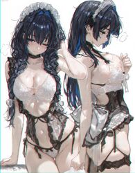 Rule 34 | 1girl, absurdres, arm support, back ribbon, black hair, blue eyes, blue hair, blush, bra, braid, breasts, choker, cleavage, clothing request, colored inner hair, embroidered bra, from side, garter straps, hair between eyes, hair intakes, hair over shoulder, hand in own hair, hand up, highres, hololive, hololive english, k at ie (hxk82), lace, lace choker, large breasts, lingerie, long hair, low twin braids, maid headdress, multicolored hair, multiple views, navel, one eye closed, ouro kronii, ouro kronii (maid), panties, ribbon, side-tie panties, sideboob, simple background, sweat, thigh gap, twin braids, two-tone panties, underwear, virtual youtuber, white background, white bra, white panties, white ribbon