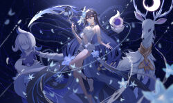 1girl absurdres aichinaigai barefoot black_hair blue_eyes blue_flower breasts bug butterfly colored_inner_hair dress flower gem glowing_butterfly grid hair_ornament hair_over_eyes hair_stick highres honkai_(series) honkai_impact_3rd incredibly_absurdres insect legs long_hair looking_at_viewer multicolored_hair navel purple_gemstone reindeer scythe seele_vollerei seele_vollerei_(herrscher_of_rebirth) sleeveless sleeveless_dress small_breasts smile solo star_(symbol) toes very_long_hair white_butterfly white_dress white_fur