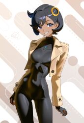 1girl absurdres artist_name black_eyes black_gloves black_hair bodysuit breasts coat commentary emma_(pokemon) english_commentary gloves highres looking_at_viewer medium_breasts nintendo open_clothes open_coat otokakoto pokemon pokemon_legends:_z-a short_hair smile solo standing yellow_coat