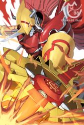 Rule 34 | armor, artist logo, bakeneko38, digimon, double blade, dragon, fire, highres, holding, holding sword, holding weapon, horns, logo, mechanical wings, orange eyes, red armor, shinegreymon, solo, sword, twitter username, upper body, weapon, wings
