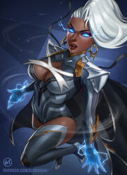Rule 34 | 1girl, 2025, blue eyes, breasts, cape, cleavage, dark-skinned female, dark skin, earrings, electricity, female focus, highres, jewelry, large breasts, leotard, long hair, looking at viewer, marvel, marvel rivals, solo, storm (x-men), suddakka, superhero costume, very dark skin, white hair, x-men